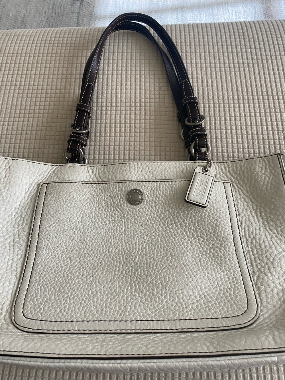 Coach Chelsea Off White Pebbled Leather Shoulder Tote with Dark Brown Handles